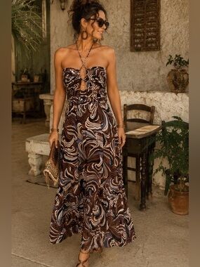 Loft Beach Brown Abstract Print Halter Maxi Dress Small Pockets 100% Cotto